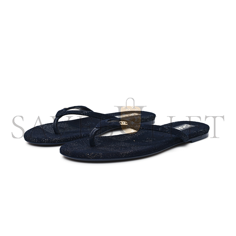 Ch*el cotton silk crystal cc thong sandals dark blue silver 362268